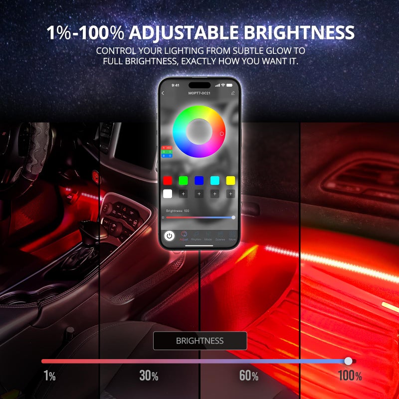 OPT7 Aura Pro 4PC Double LED Interior Car Strip Lights with APP & Remote Control, Multicolor Mode, Sound Active Neon Accent Lighting Kit, Footwell Floor Inside Decor Accessories, 12V Charger Adapter - Image 5